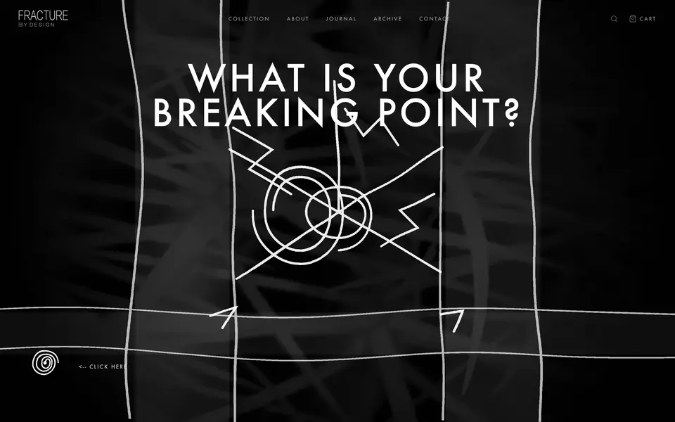 The rebuilt Fracture By Design home page in a desktop browser: white hand-drawn lines on black under the headline “What is your breaking point?”