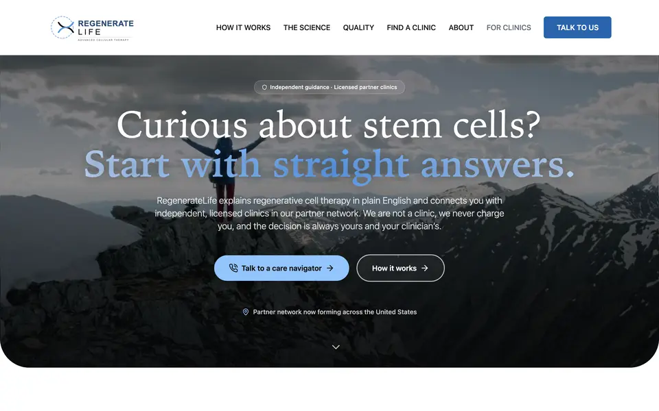 The regeneratelife.co home page in a desktop browser: a serif headline over a photo of a person on a mountain ridge, with two buttons below it.