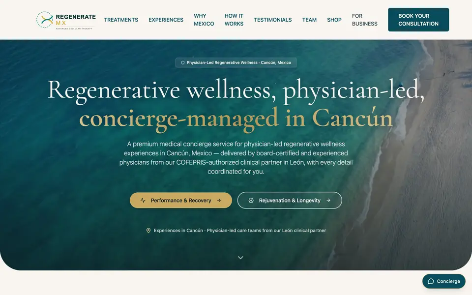 The regeneratemx.org home page in a desktop browser: a serif headline in white and gold over an aerial photo of the coast, under a navigation bar.